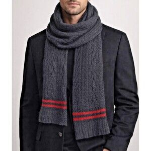 Cole Haan 100% Lambswool 70 Inch Cable Knit Gray Scarf Quiet Luxury Old Money